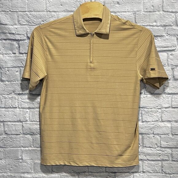 Nike Tiger Woods Men Golf Polo‎ 1/4 Zip Brown Beige Striped Shirt Size Large - Picture 2 of 8